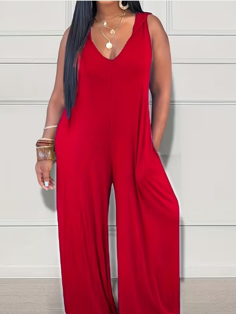 Sleeveless Red V-Neck Wide-Leg Jumpsuit